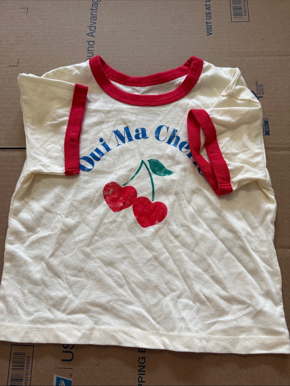 Kids Cream Graphic Tee with Red Trim and Cherry Print